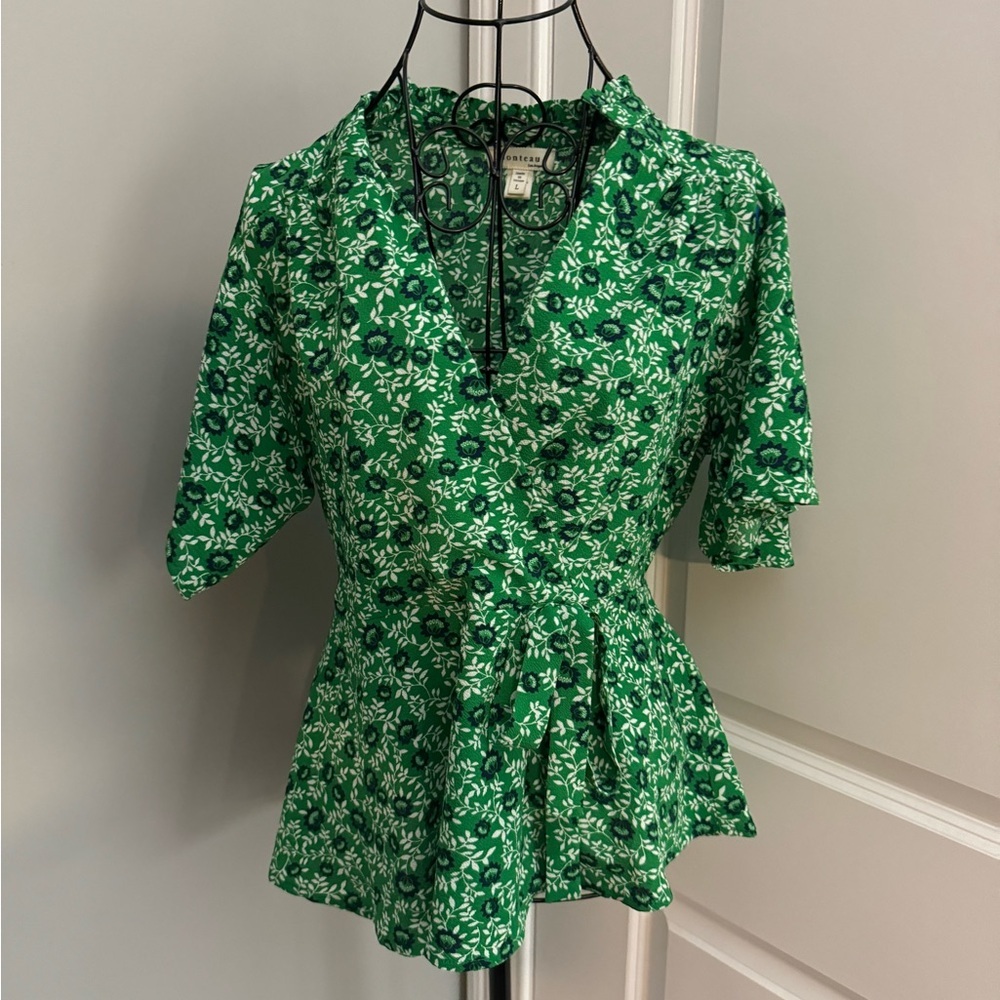 Monteau Los Angeles Floral Green Short Sleeve Blouse Size Large